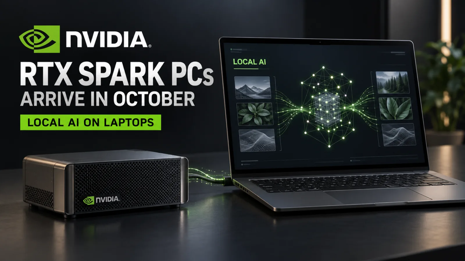 A close-up of a sleek laptop and compact desktop with NVIDIA 'RTX Spark' branding and glowing circuitry, suggesting local AI compute in a thin PC.