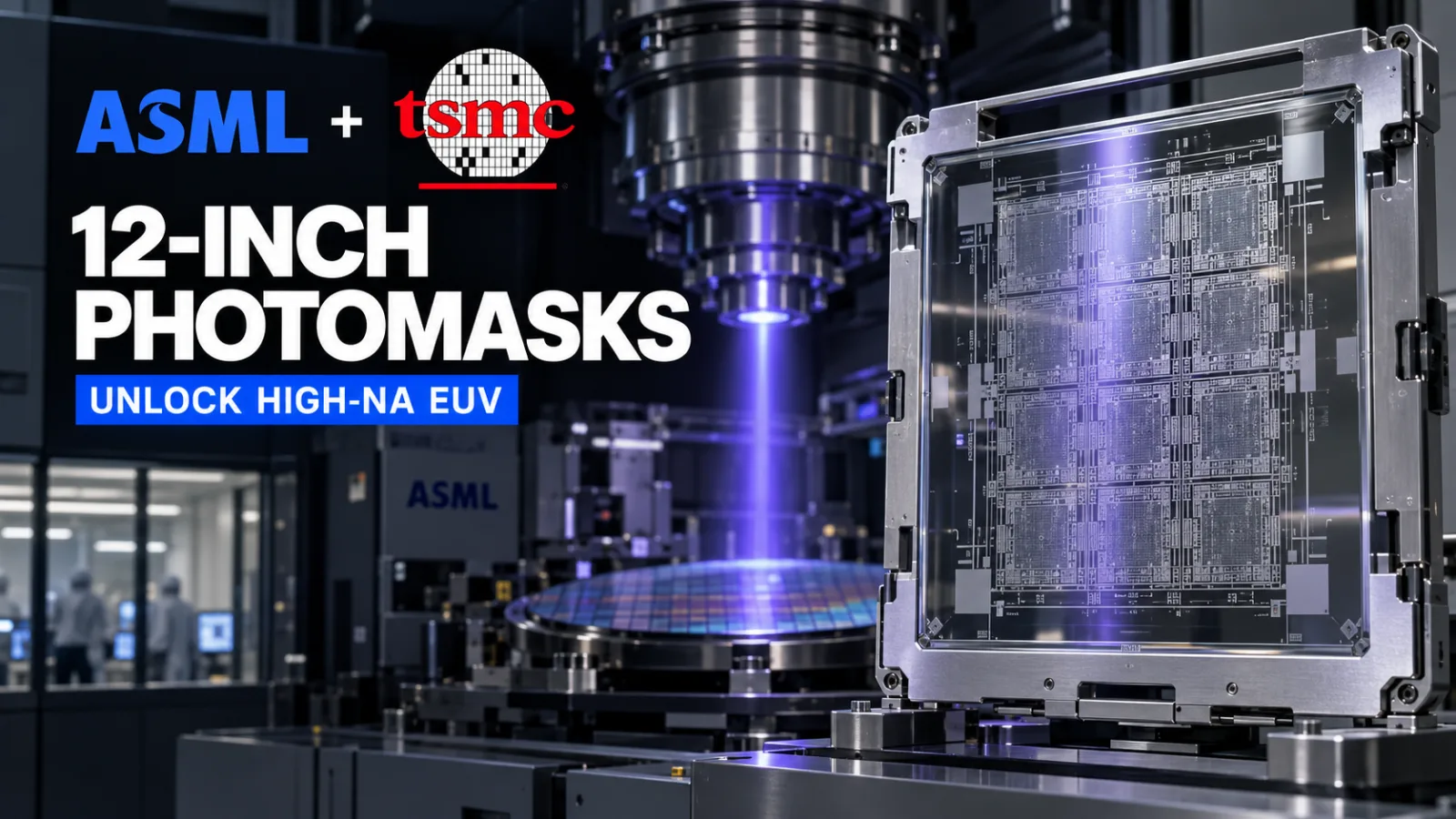A cleanroom photomask shop view with a technician inspecting a large-format 12-inch photomask near an ASML EUV scanner