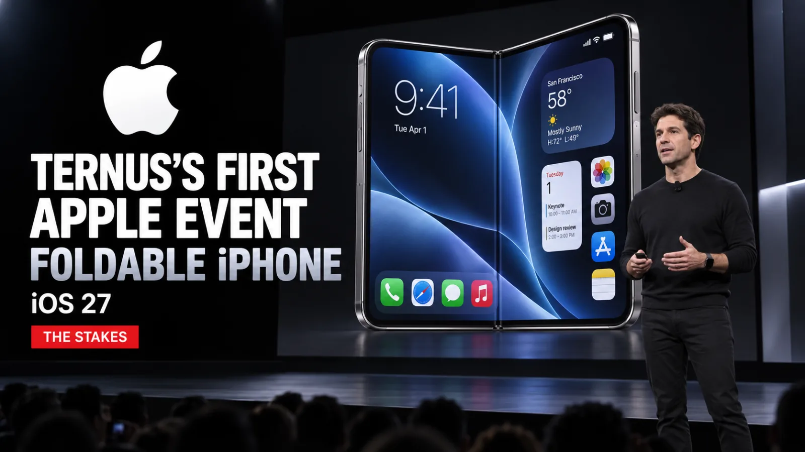 Steve Jobs Theater stage at Apple Park with a silhouette of John Ternus and a projected render of a foldable iPhone behind him