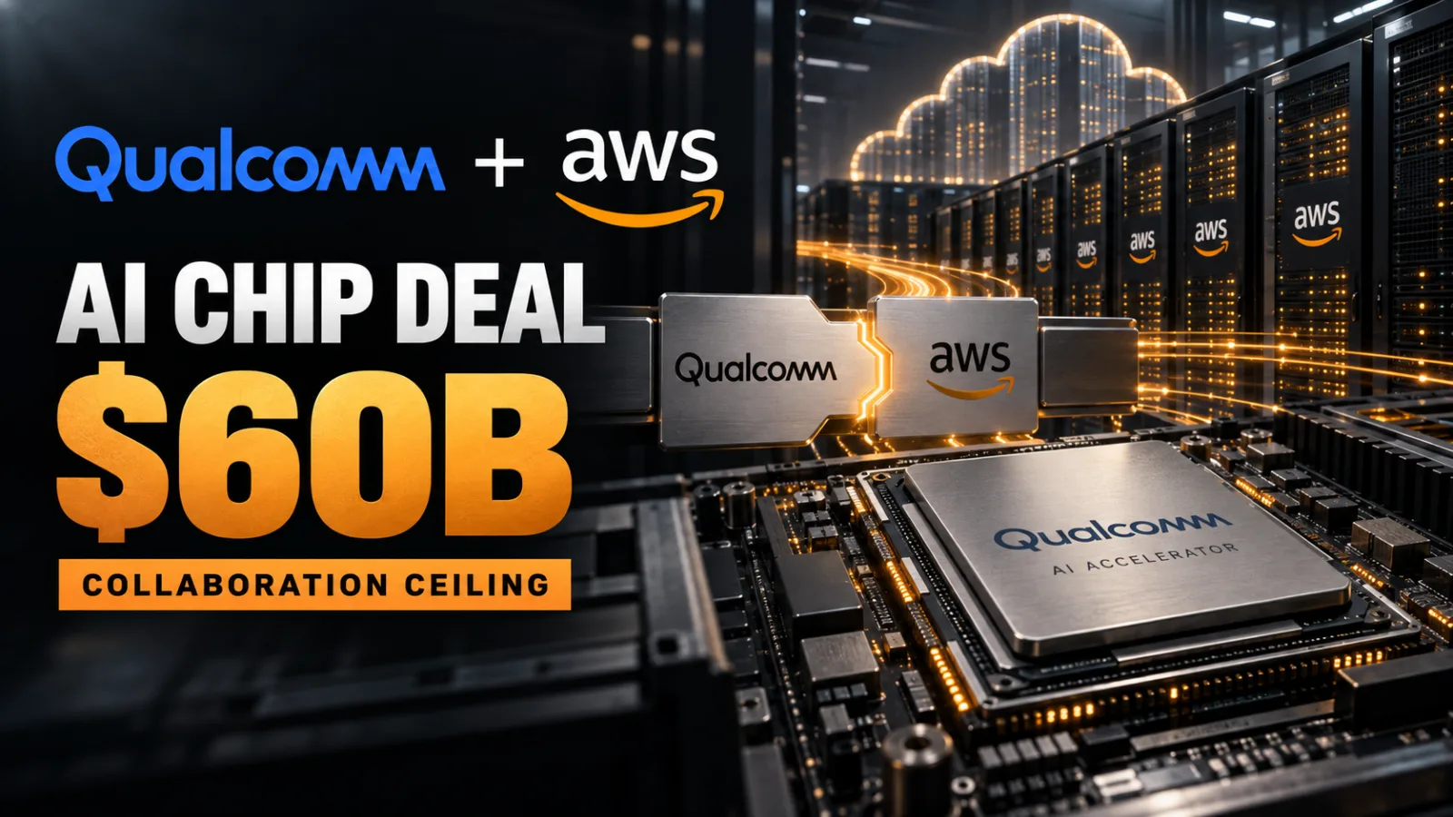 Server racks with Qualcomm logo and AWS signage, overlaid with a stylized chip die and high‑speed optical cable illustration.