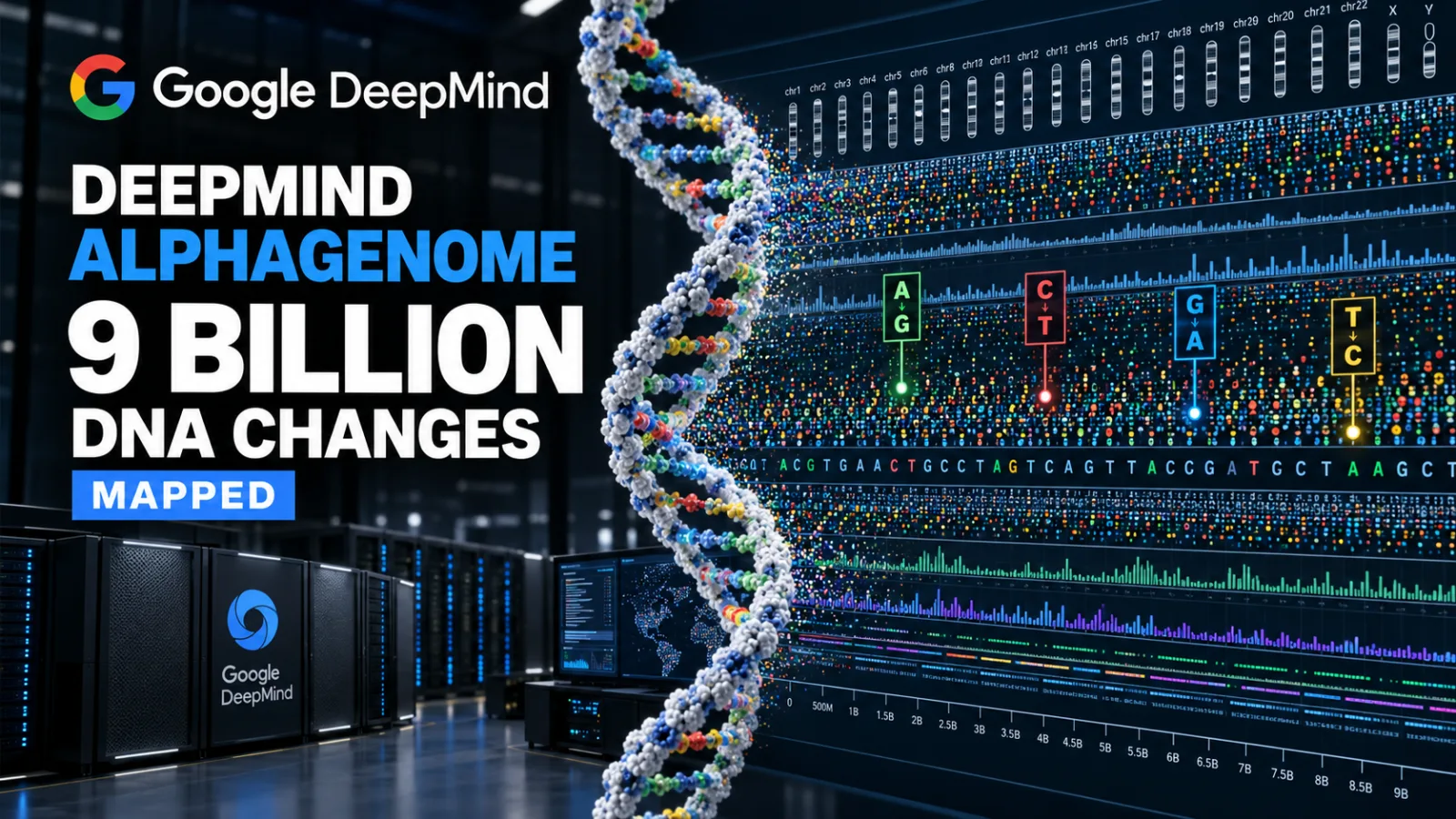 Abstract 3D render of a DNA double helix overlaid on glowing, tiled columns representing a petabyte-scale data atlas