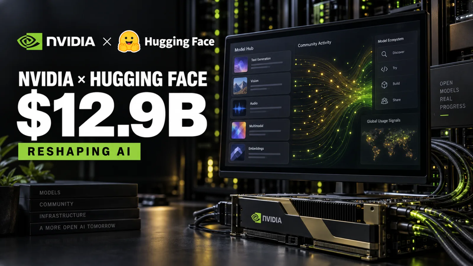 A composite editorial image showing the Hugging Face model‑hub web UI flowing into an Nvidia GPU die, with developer avatars browsing models