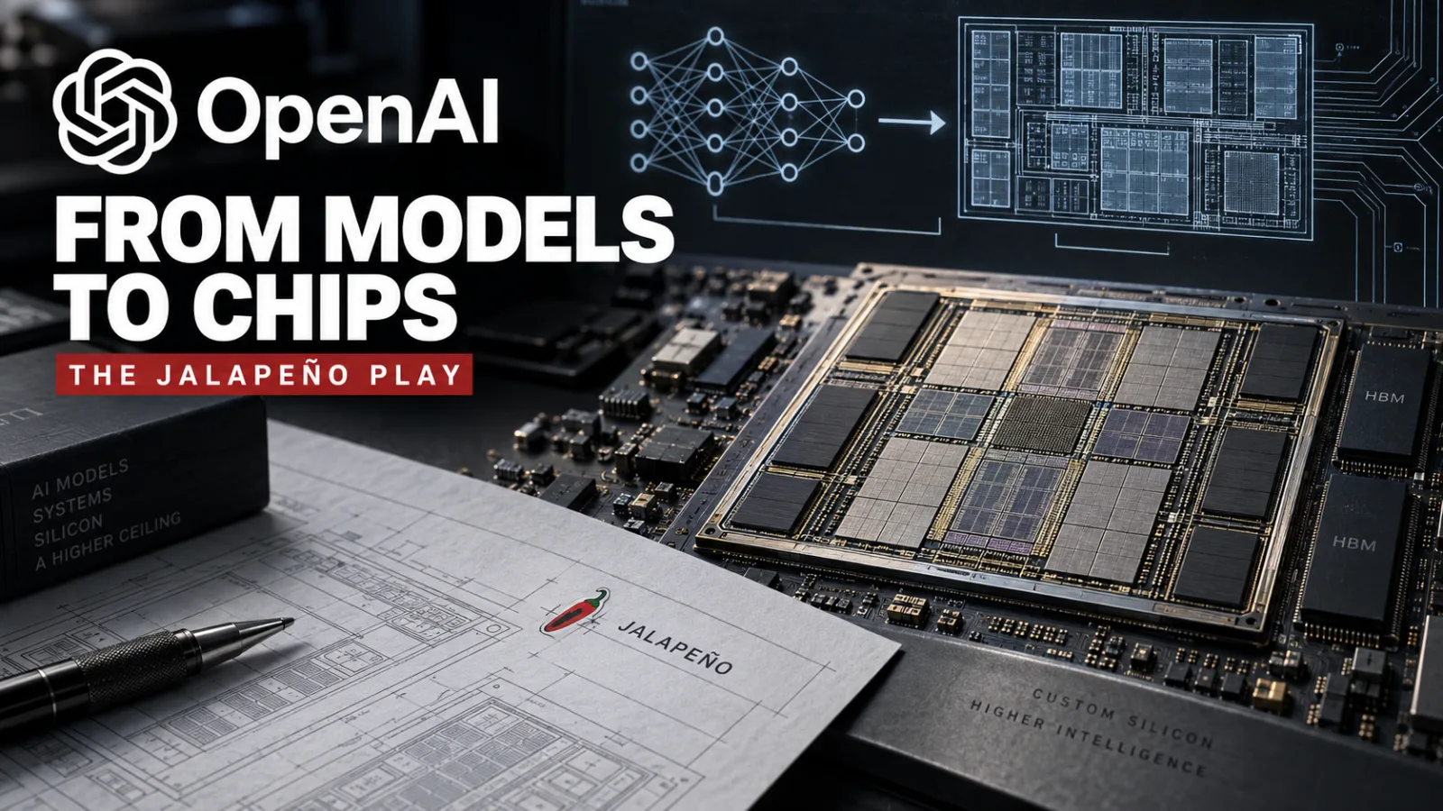 OpenAI logo superimposed on a closeup of a silicon wafer and a chip floorplan diagram