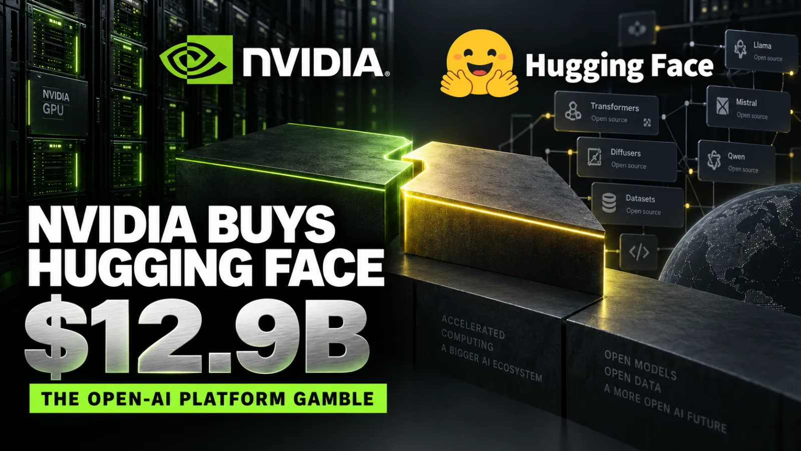 Editorial-style image showing NVIDIA logo merging with Hugging Face's emoji on a background of server racks and neural network visualizations