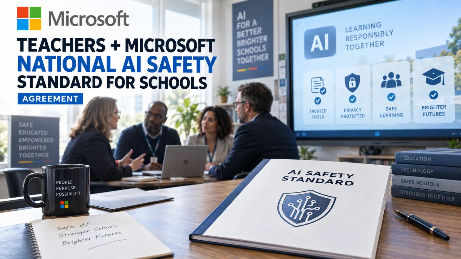 A classroom with laptops and teacher discussing AI safety, overlaid with legal contract text and a school district seal.