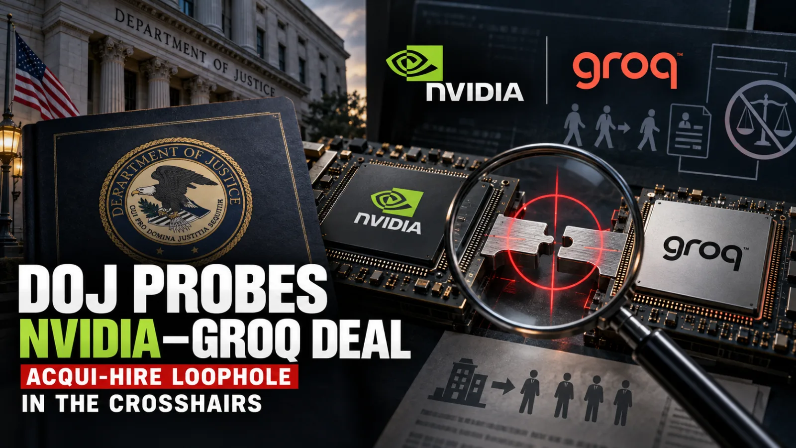 Editorial collage showing Nvidia and Groq logos with an overlaid magnifying glass and a courthouse silhouette